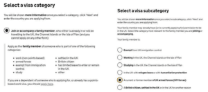 Select a visa category and sub category